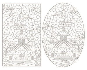 Fototapeta premium Set of contour illustrations in stained glass style with temples on a landscape background, dark outlines on a white background