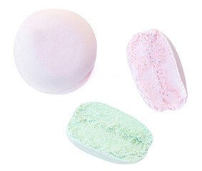 Pastel Colored marshmallow (zefir) isolated on white background. Sweet rose Round marshmallow top view. Flat lay. Creativee layout.