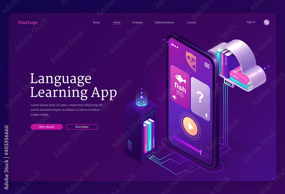 Poster language learning app banner. mobile online education service, digital training foreign languages. v