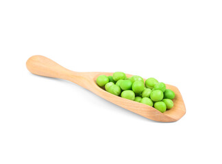 Peas green seeds (Pisum sativum) in wooden spoon isolated on white background