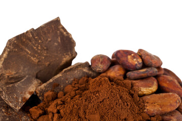 Fototapeta na wymiar Cocoa beans with cocoa powder and cocoa pieces isolated on a white background.