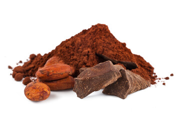 Cocoa beans with cocoa powder and cocoa pieces isolated on a white background. Macro photography.
