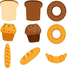 Icon set of cartoon baking pastry products for bakery menu