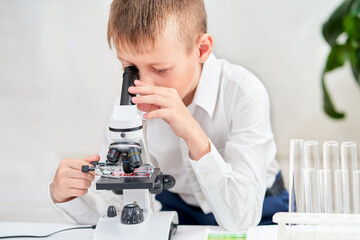 School boy examines bacteria under a microscope in science class studying biology