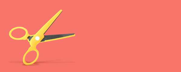 Scissors for paper on color background with place for text