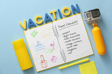 Checklist of things to do before travelling on color background