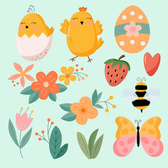 Set of bright spring and Easter elements in vector graphics on a gentle mint background. For the design of posters, postcards, covers, prints for packaging, banners, stickers
