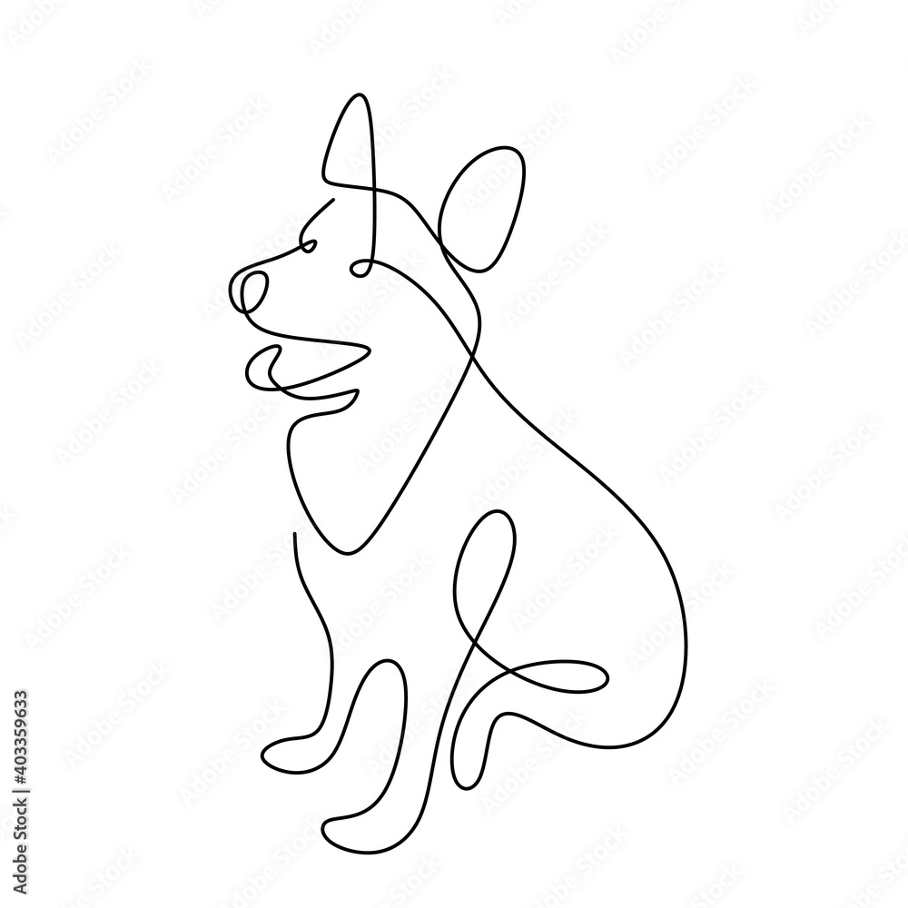 Wall mural Hound dog hand drawing continuous line on white background. A cute dog is sitting on the ground single one line art minimalism style. Wildlife animals concept. Vector pet design illustration