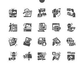 News and reportage. Online news in a mobile phone. Journalism. Online newspaper. Post office. Vector Solid Icons. Simple Pictogram