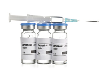 Vaccine for immunization against COVID-19 and syringe on white background