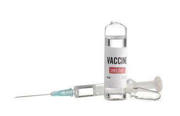 Vaccine for immunization against COVID-19 and syringe on white background