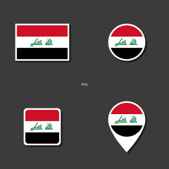 Iraq flag icon set in different shape (rectangle, circle, square and marker icon) on dark grey background. Iraq flag icon collection on barely dark background