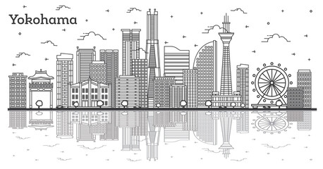 Outline Yokohama Japan City Skyline with Modern Buildings and Reflections Isolated on White.