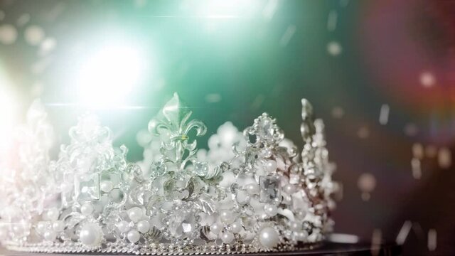 A beauty pageant crown is on display with confetti and lens flares from various spotlights accenting the prize