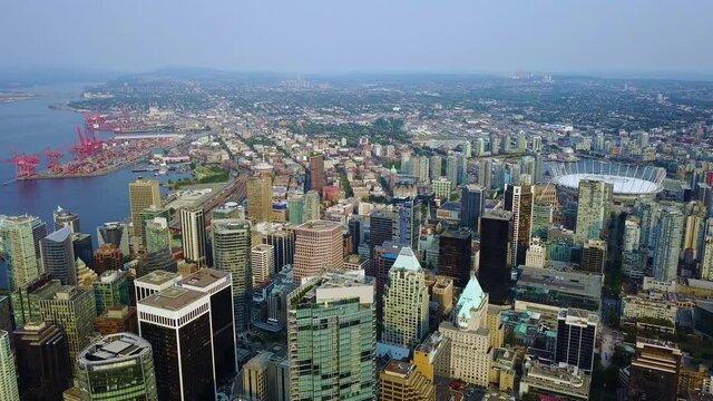 Panning drone shot of downtown Vancouver British Columbia.