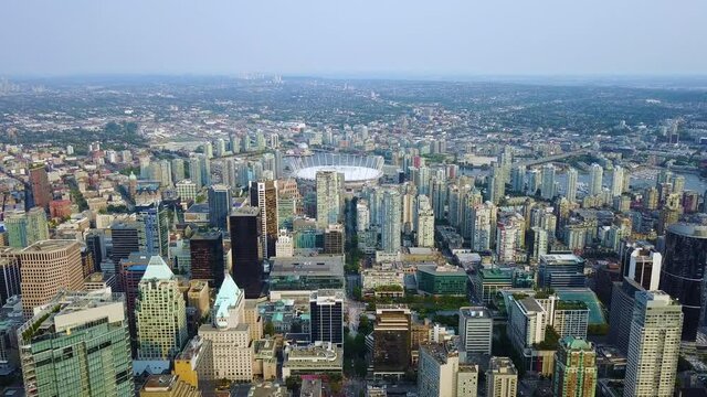 Panning drone view of downtown Vancouver BC.