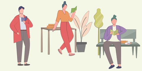 Set of Flat cartoon vector illustration People literature fans with books. People Characters Reading Or Student. Person book lovers and readers. Set of book lovers, modern literature fans isolated.