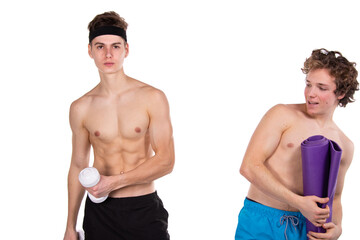 Fototapeta na wymiar Fitness and healthy lifestyle. Two young attractive students in the gym. White background. 