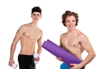 Fitness and healthy lifestyle. Two young attractive students in the gym. White background. 