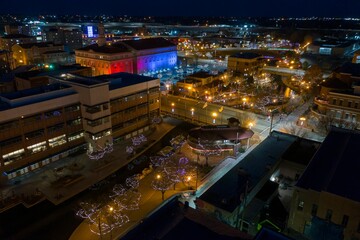 Fototapeta na wymiar Aerial View of Christmas Lights in Pueblo, Colorado at Dusk