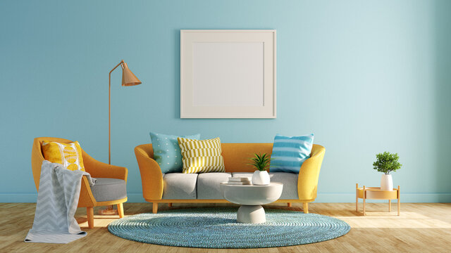 Living room.Design with pastel blue and yellow.3d rendering