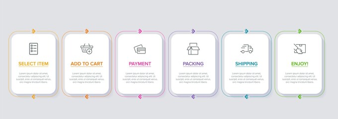 Concept of shopping process with 6 successive steps. Six colorful graphic elements. Timeline design for brochure, presentation, web site. Infographic design layout.