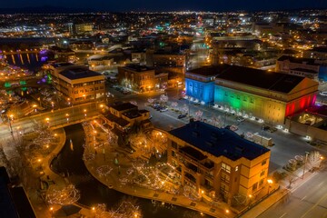 Aerial View of Christmas Lights in Pueblo, Colorado at Dusk