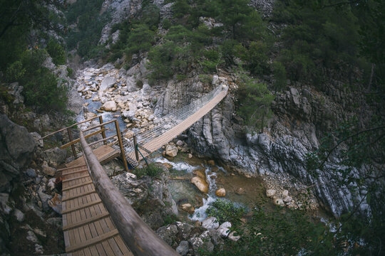 A suspension bridge across the river