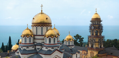 Fototapeta premium Christian temple in New Athos. Photo from above.
