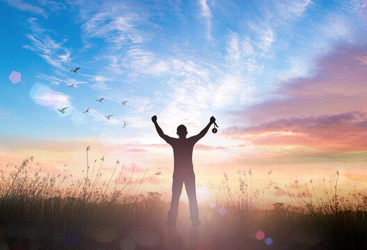 Win concept: Silhouette champion hand holding number 1 of medal against meadow sunset background