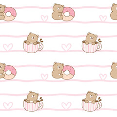 Seamless Pattern with Cute Cartoon Bear Illustration Design on White Background with Pink Wavy Lines and Hearts
