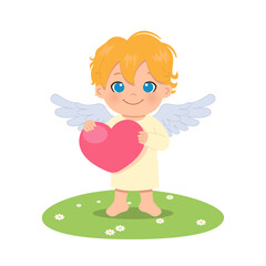 Cute guardian angel boy holding a big heart. Valentine's day clip art for greeting card. Flat style cartoon vector.