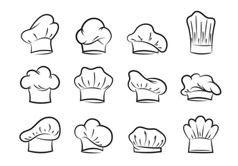 Chefs hats set. Contours of professional headgear for pastry chefs and bakers fashionable uniform design with curls and folds.