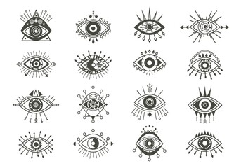 Mystical eyes symbols set. Esoteric signs with sacred vision circle and arrows occult look amulets with geometric figures of religious secrets of astral worlds and universes. Vector vision. - obrazy, fototapety, plakaty