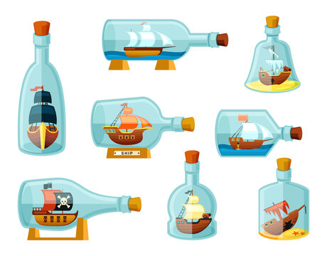 Ships in bottles set. Models of sailing ships locked in glassware pirate flagships and sunken corvettes with pouring gold caravels decoration game interface and design. Vector sea adventures.