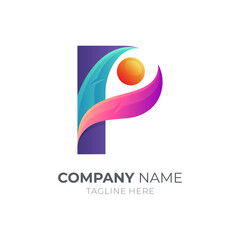 People letter P logo. Initial letter P, leaf and human shape with 3d logo style in gradient color