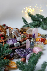 Crystals gemstones, natural winter seasonal decor, candles. Witchcraft Ritual, energy healing...