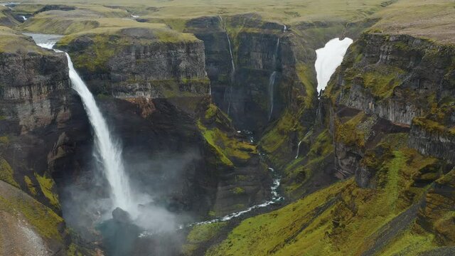 Haifoss most beautiful waterfall in Iceland, Aerial view. Natural wonder Landmannalaugar canyon.