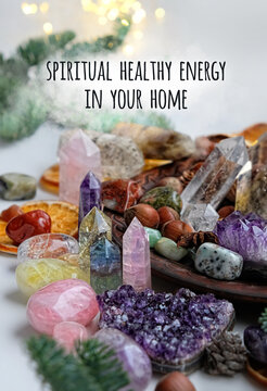 spiritual healthy energy in your home. Crystals gemstones. Witchcraft Ritual, energy healing minerals. Esoteric, relax, life balance, modern magic, wiccan,  paganism concept. 