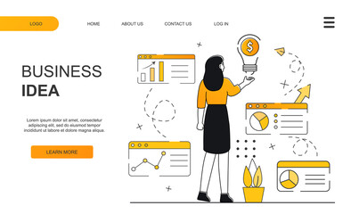 Business concept illustrations.Young beautiful girl creates an idea. Will be a prefect as a landing page. Business woman invents a solution. Landing page for web. Flat illustration.
