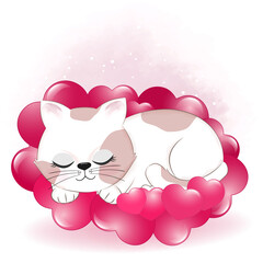 Cute cat sleeping on hearts valentine's day concept