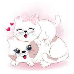 Cute couple cat and heart valentine's day concept illustration