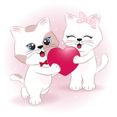 Cute couple cat and heart valentine's day concept illustration