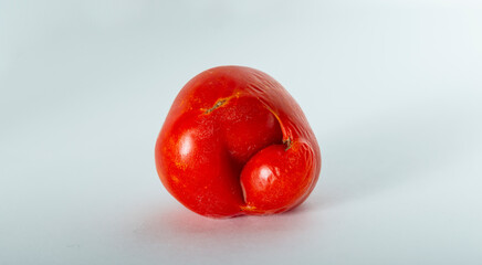 Single odd shaped ugly tomato against white background