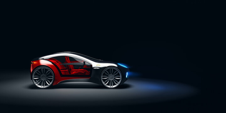 Side angle view of futuristic fast sports car in studio light. Brandless concept car. 3d illustraiton