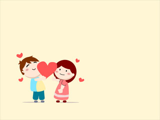 valentine day greeting card concept boy give red heart to girl with love