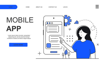 Woman uses a mobile application. Programmers and designers working in a company office. Perfect for web design, banner, mobile app, landing page. Vector illustration