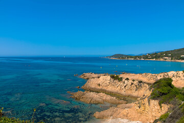 Spectacular view of Golfe de Sagone and the mediterranean marquis landscape near Cargese, Place for Text. Corsica, France