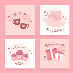 Happy Valentine's Day Greeting Card Or Posts Design In Four Options With Different Types Message.