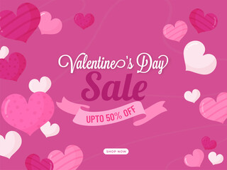 Valentine's Day Sale Poster Design With 50% Discount Offer And Hearts Decorated On Pink Background.